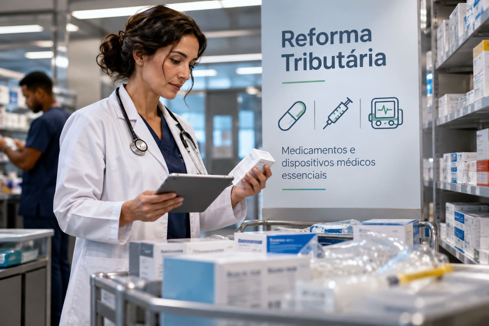 Tributação de medicamentos: prateleira de remédios, estetoscópio e nota fiscal