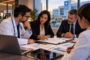 Renegociação de contratos: médico e representante de convênio apertando as mãos