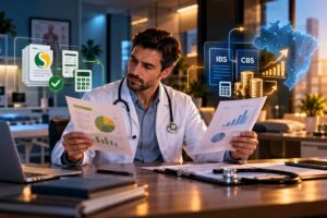Médico analisando documentos tributários no consultório, ilustrando o Simples Nacional para médicos