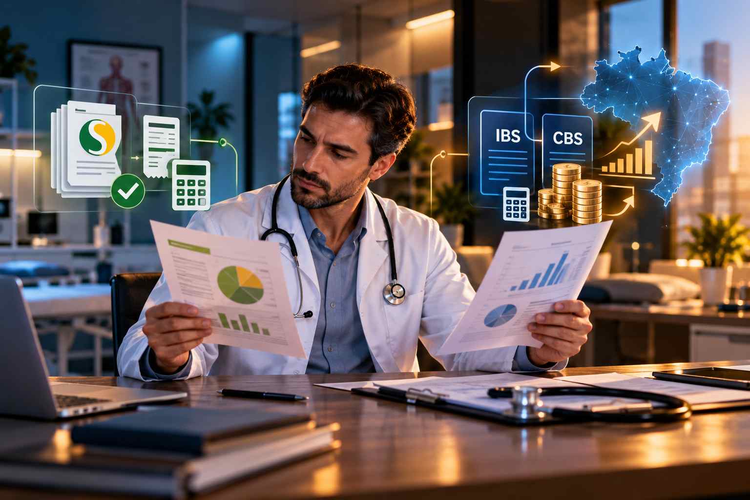 Médico analisando documentos tributários no consultório, ilustrando o Simples Nacional para médicos